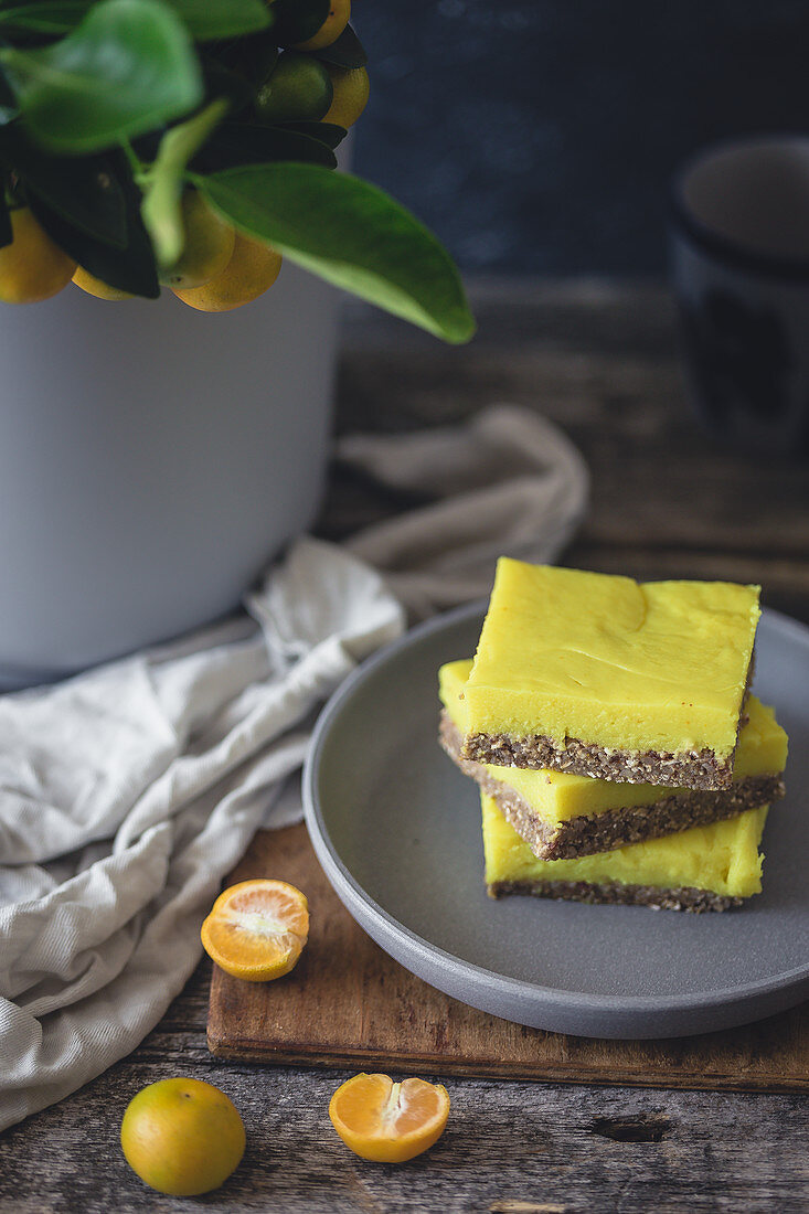 Raw vegan lemon slices on a oat and date crust