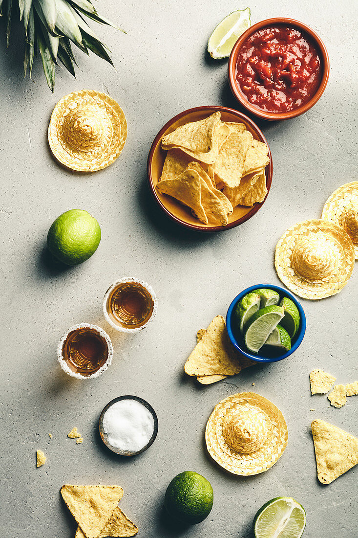 Nacho chips, salsa and tequila with lime an salt
