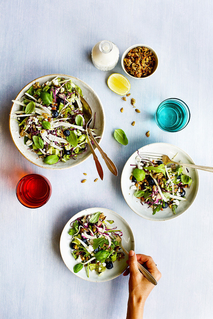 Blueberry Fennel Salad topped with Maple Toasted Seeds and Coconut Lemon Vinaigrette