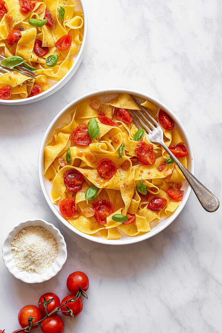 Tagliatelle served with Cherry Tomatoes, Basil and Parmesan