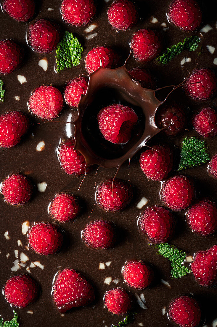 Raspberry falling into chocolate dessert