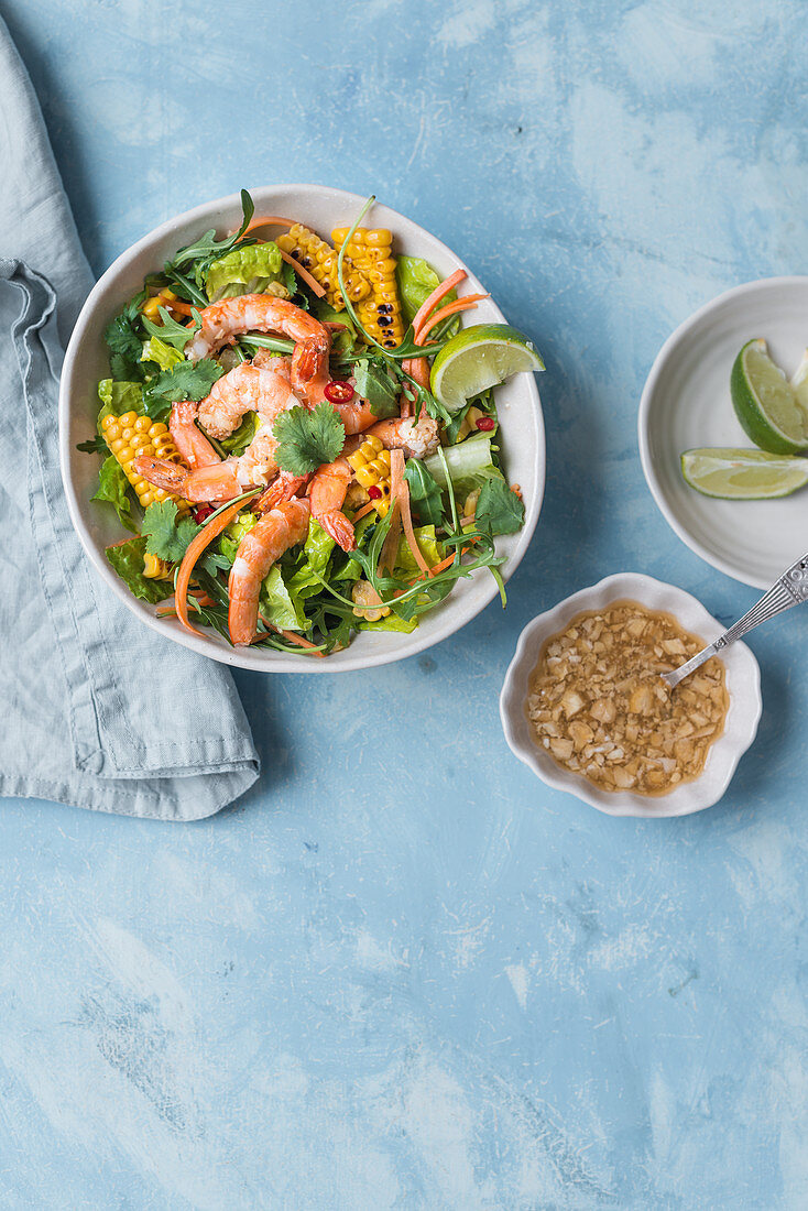 Asian style prawn salad with grilled corn and cashew nut dressing