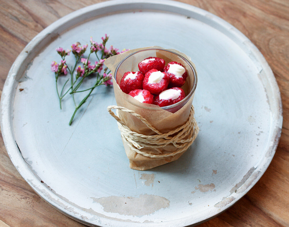 Stuffed raspberries filled with Greek yoghurt and honey
