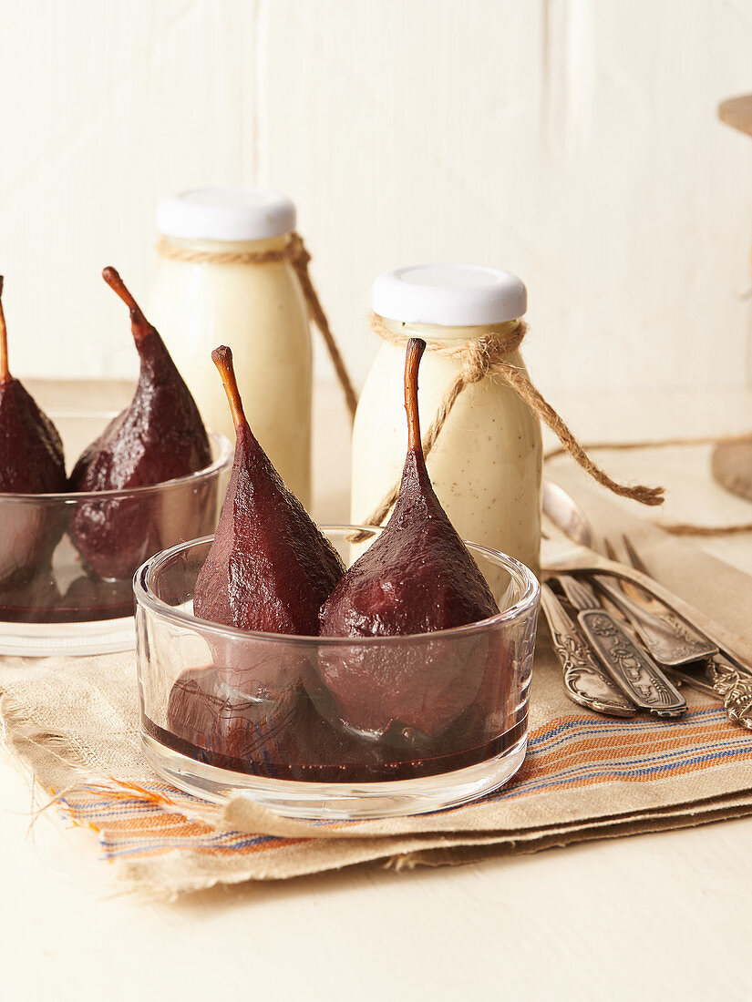 Poached red wine pears