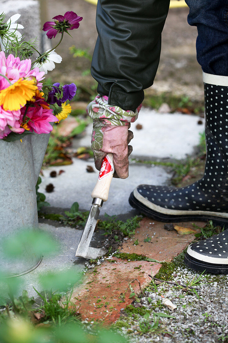 Weeding with a joint scraper