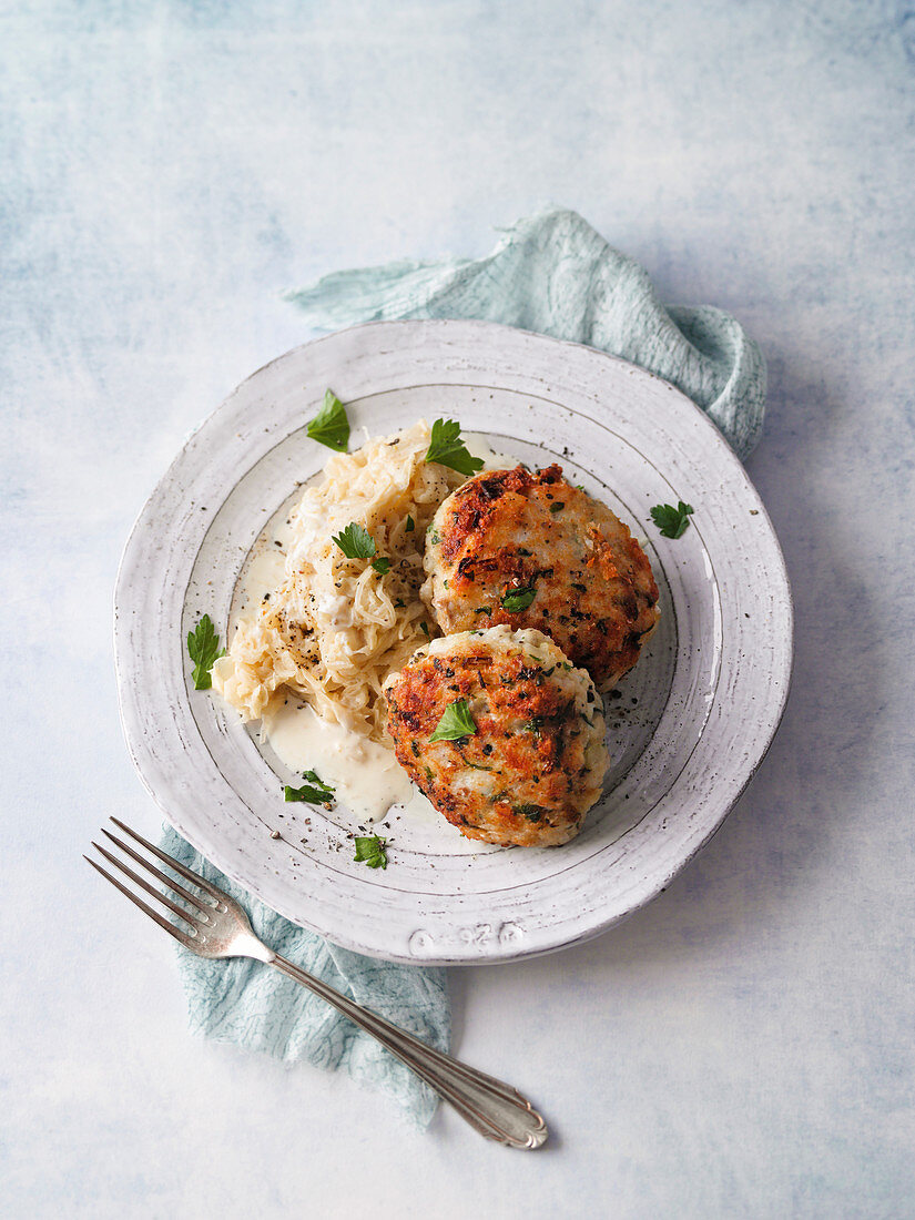 Fish cakes with creamy sauerkraut