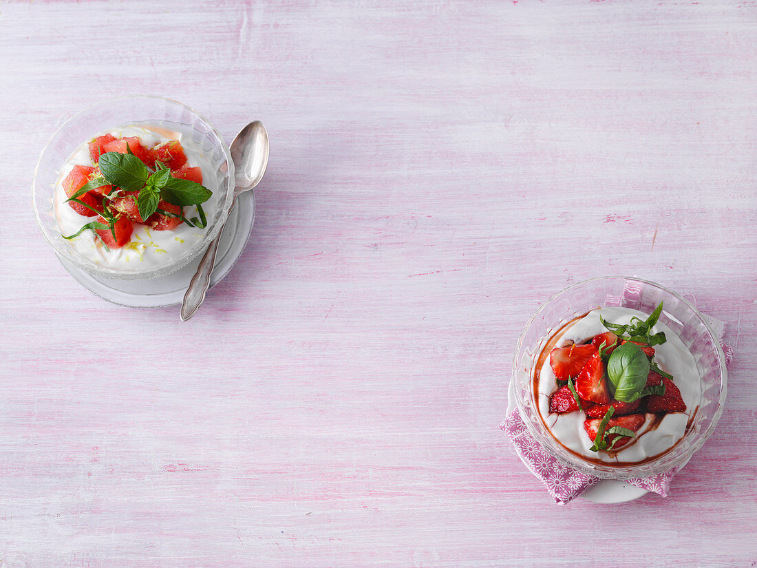 Quark with watermelon, quark with balsamic strawberries