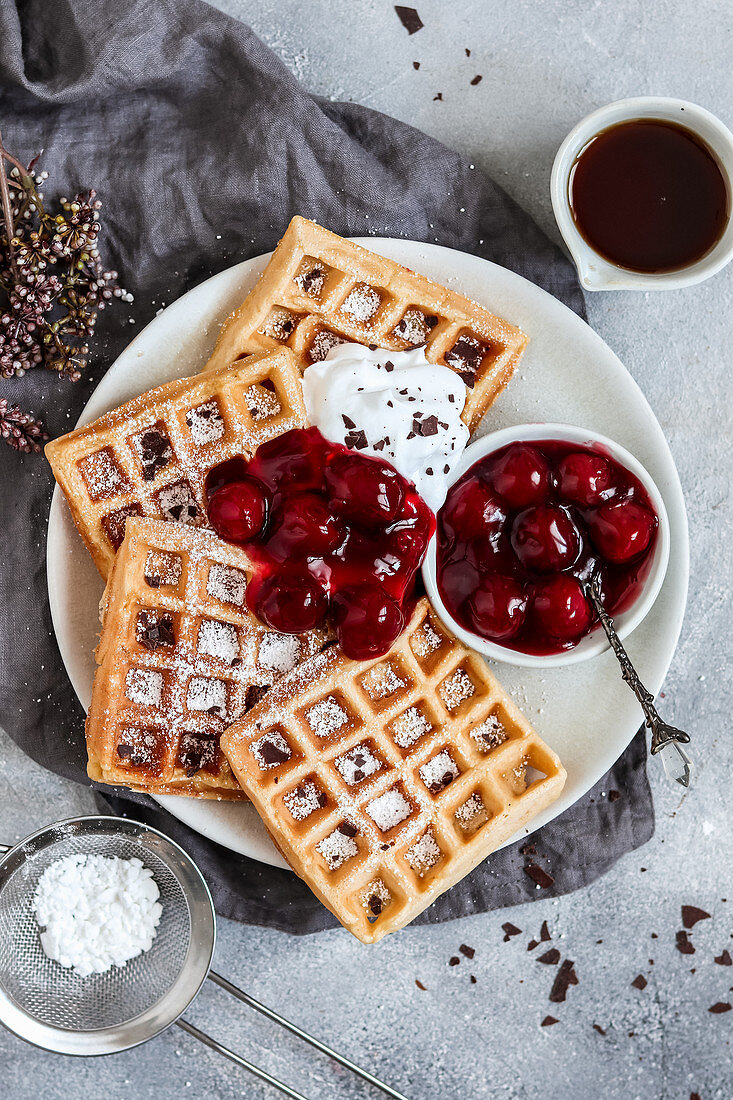 Belgian waffles with hot cherries (vegan)