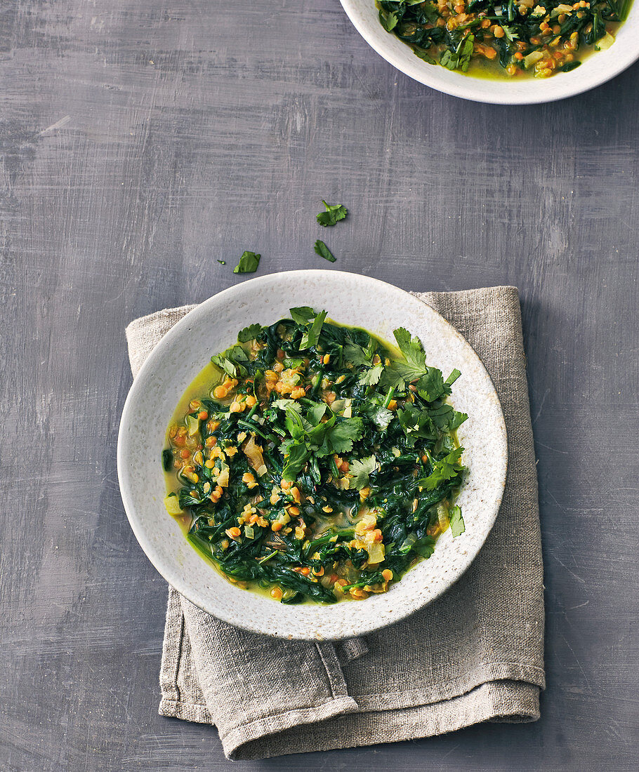 Red lentil dal with spinach