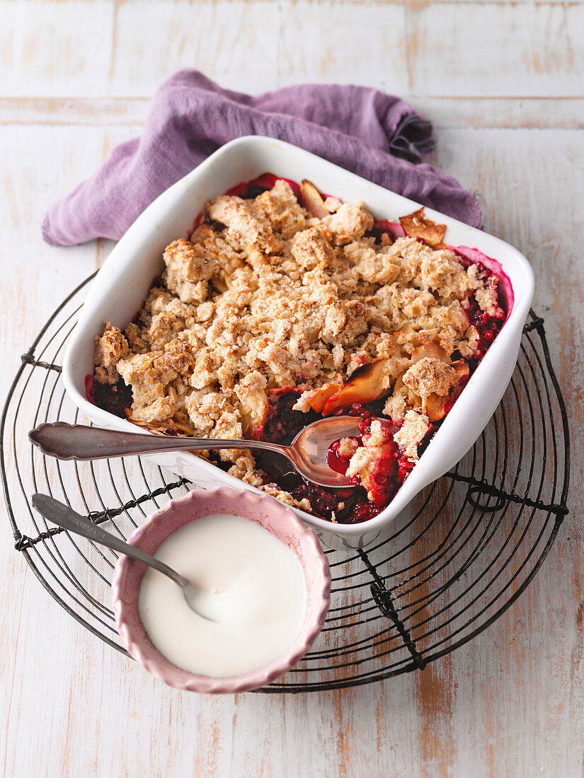 Apple and blackberry crumble with honey yoghurt