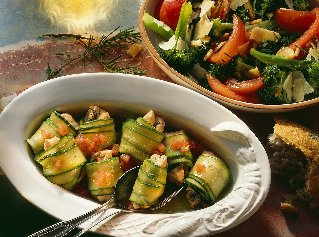 Stuffed courgette rolls and tomato & broccoli salad