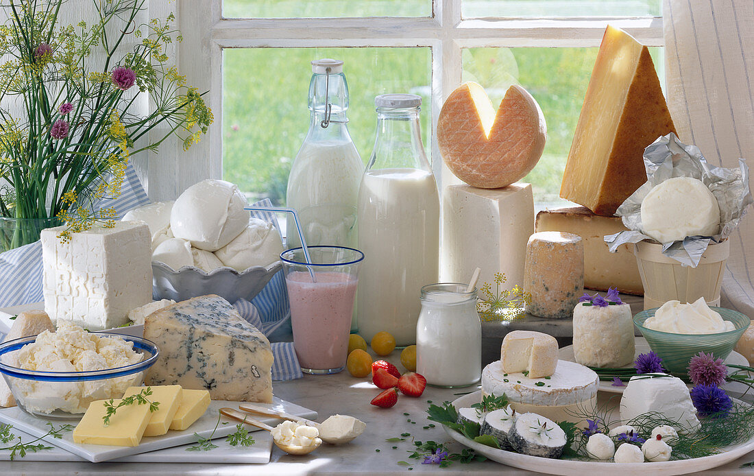 Various dairy products in front of a window