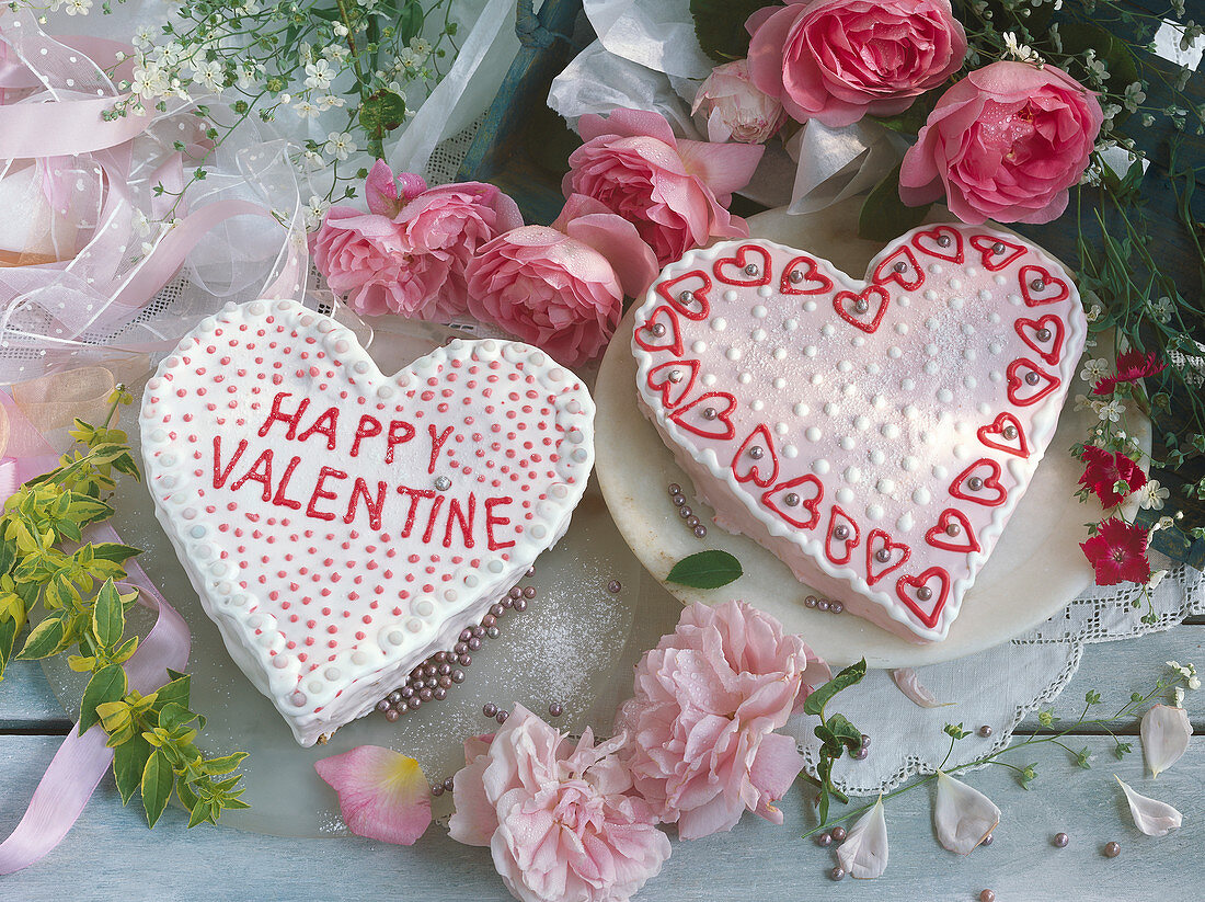 Two heart-shaped Valentine's Day cakes