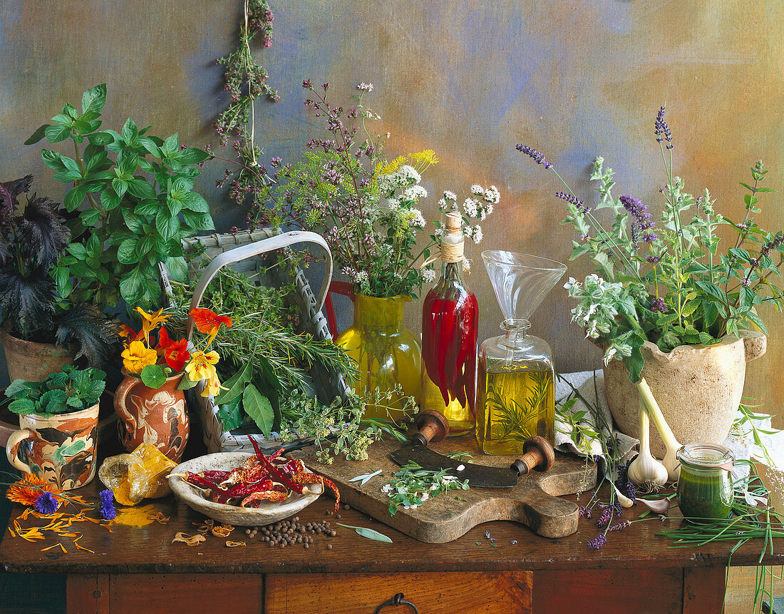 Still life with herbs and herb oils