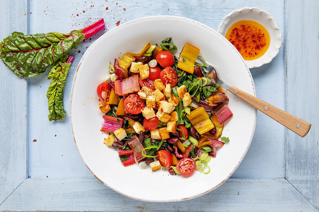 Chard and bean salad with halloumi