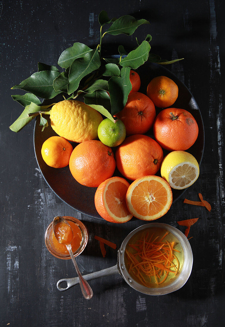 Various citrus fruit - lime, lemon, orange, mandarine, pomelo and kumquats