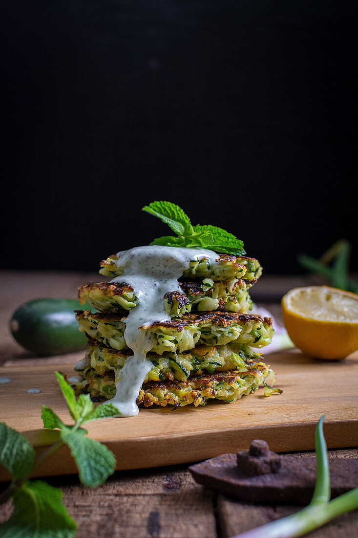 Courgette pancakes with mint sauce