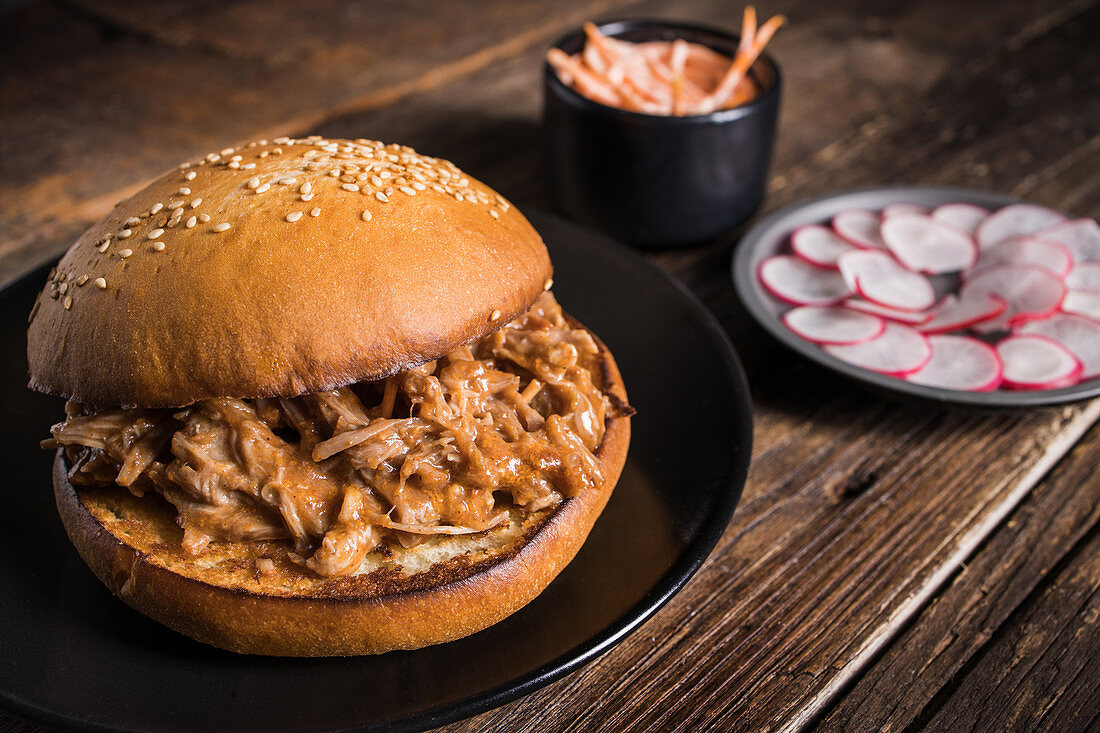 Pulled pork in toasted bun
