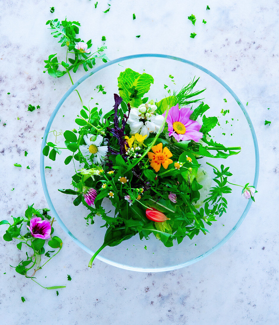 Salat mit Wildkräutern und essbaren Blüten