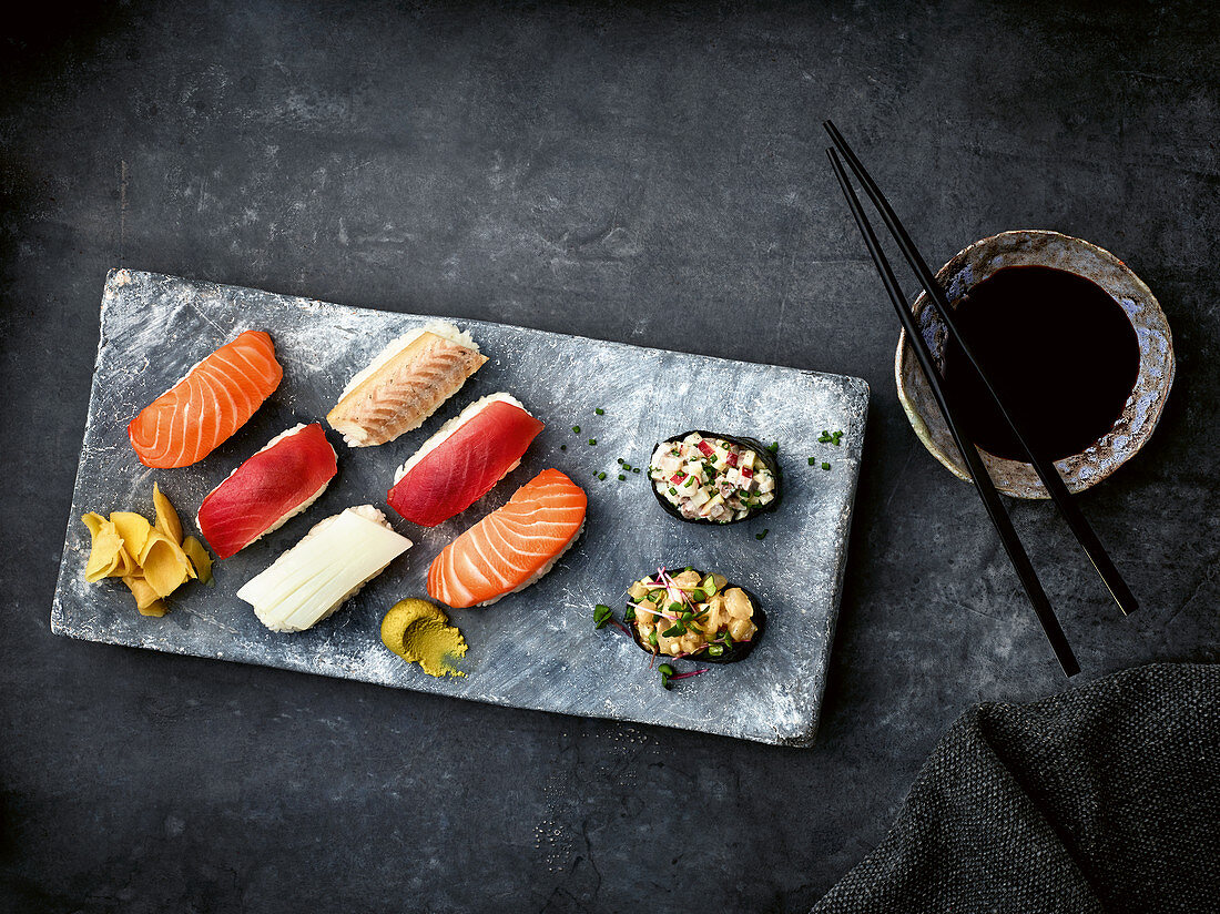 Sushi platter with nigiri and gunkan