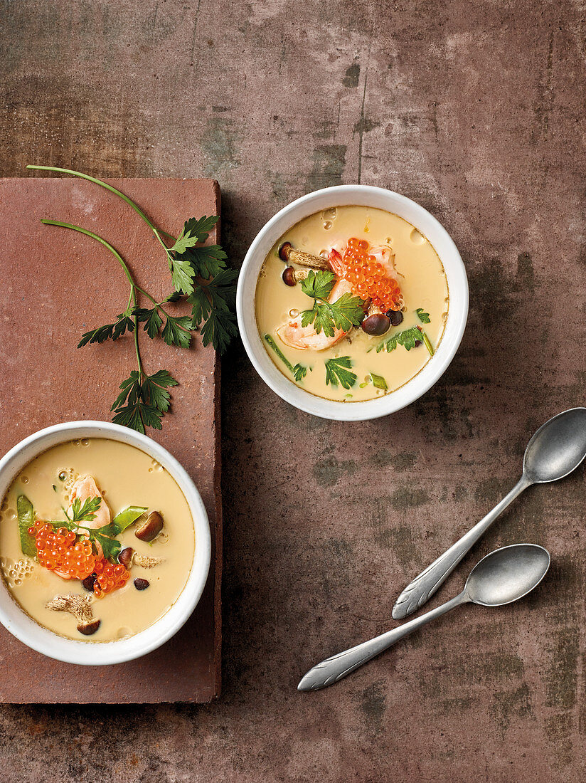 Chawan Mushi – steamed egg pudding with velvet pioppini