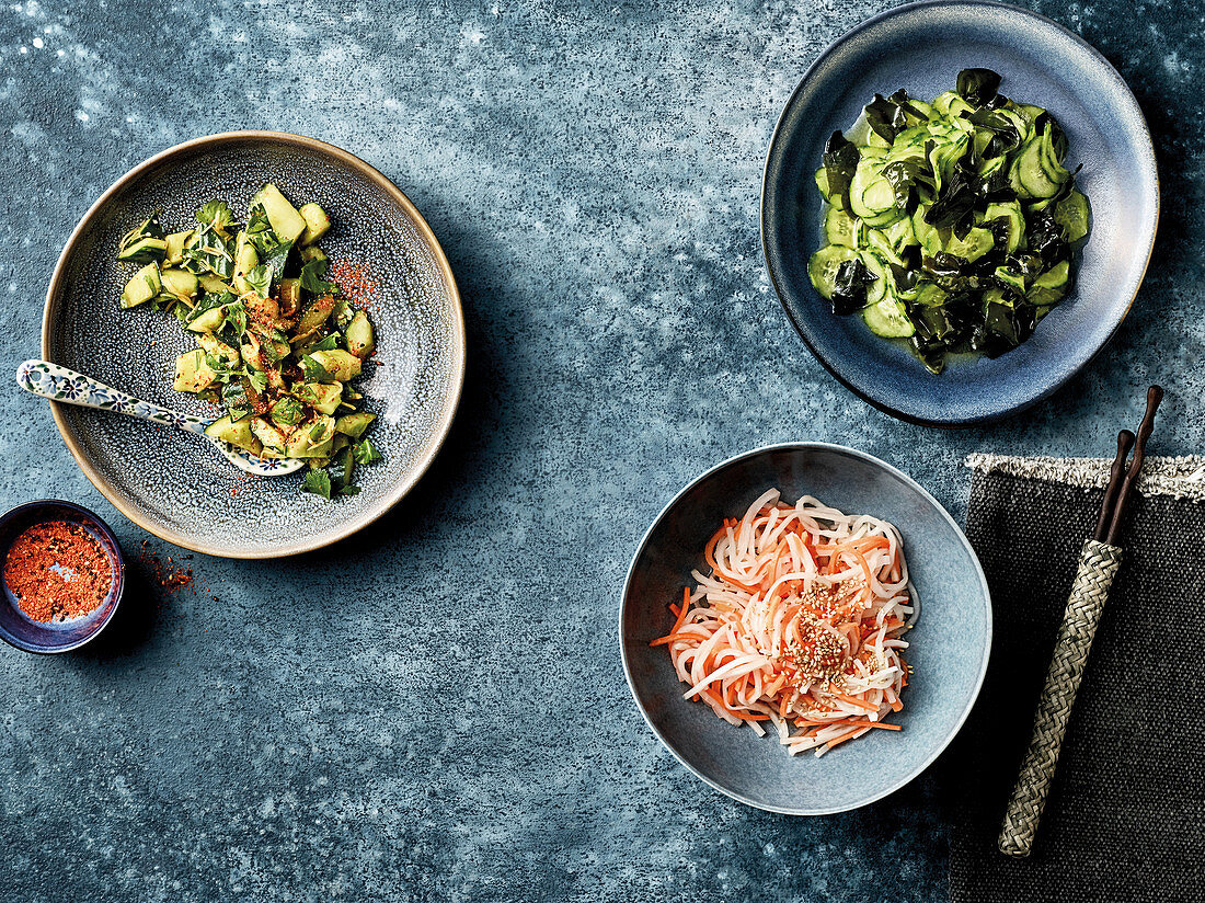 Japanese salad with cucumber, algae, radish and carrots