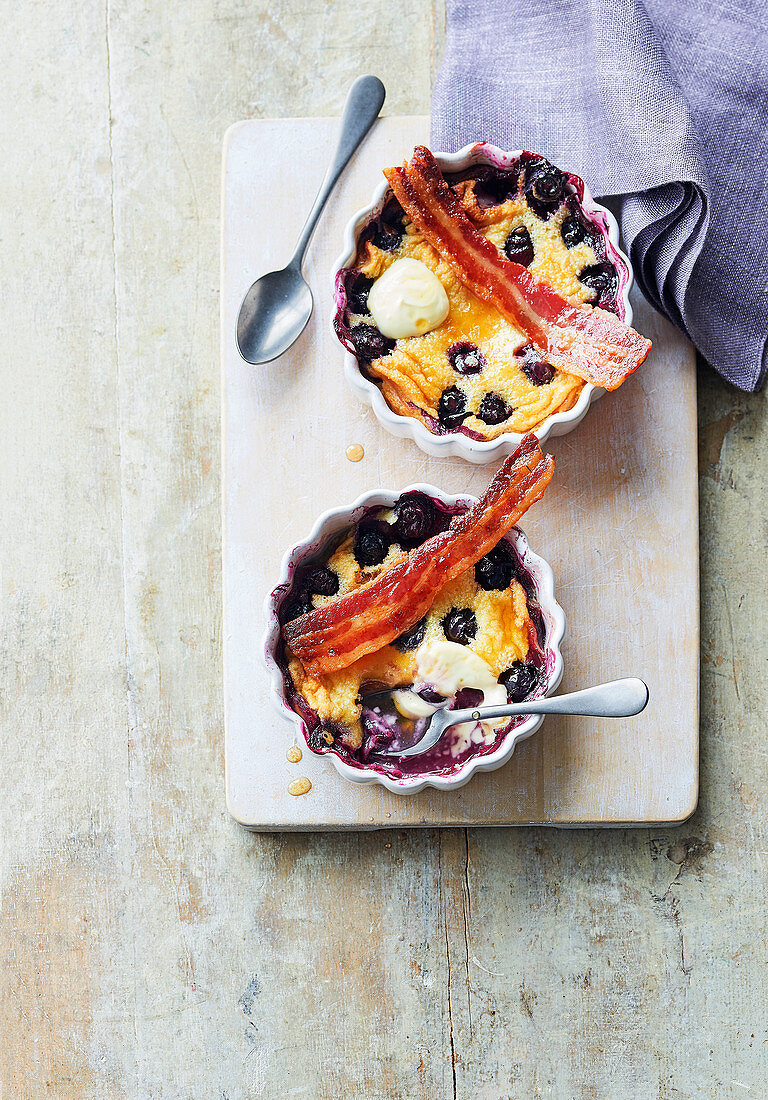 Blueberry brunch clafoutis with bacon