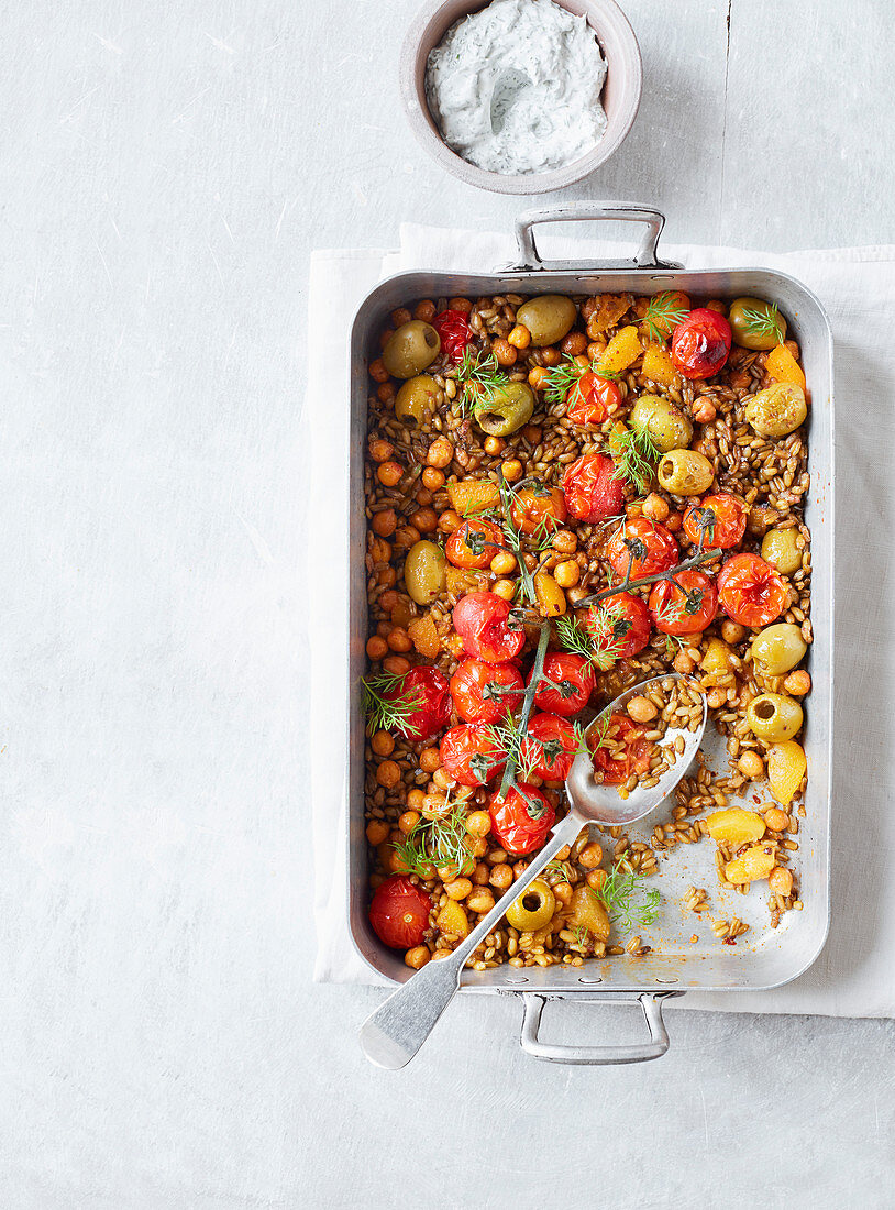 Moroccan freekeh traybake