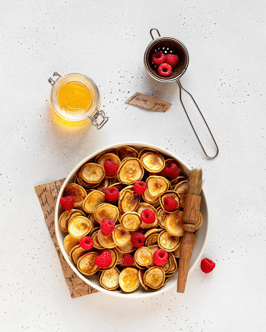 Mini pancake bowl with raspberries