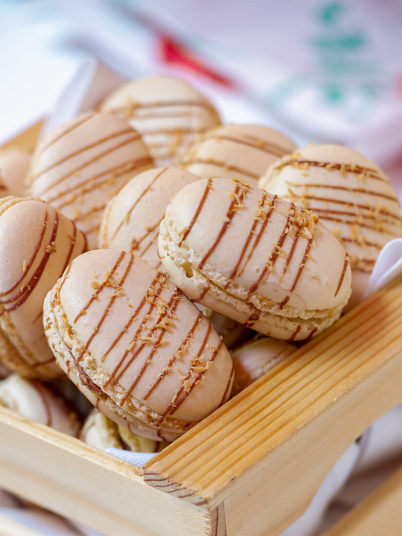 Macarons in a wooden box