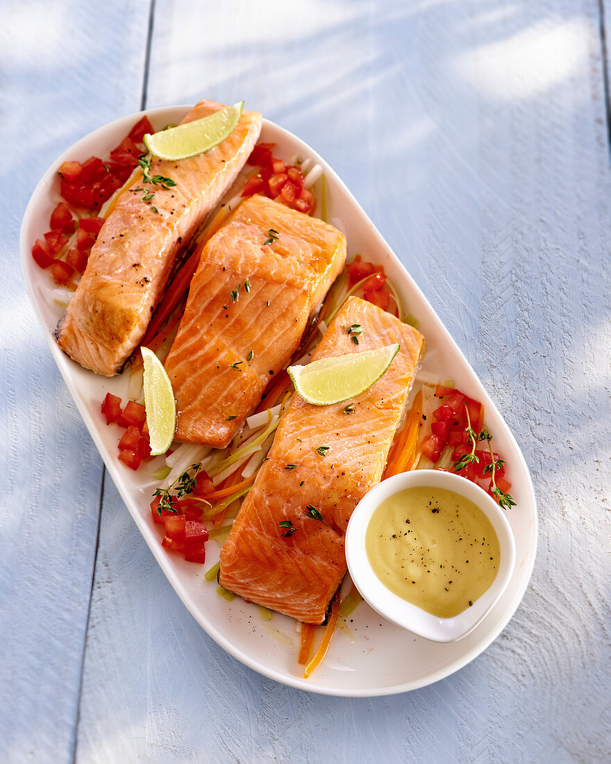 Gedämpfter Lachs mit Möhren und Lauch