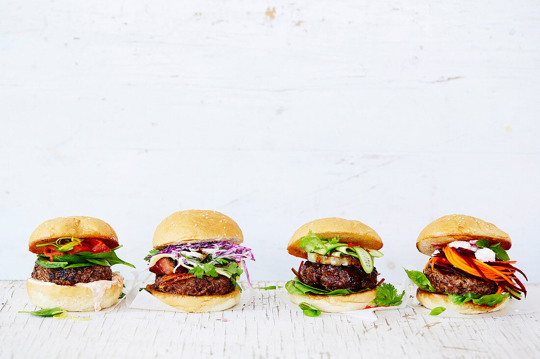 Burger toppings - Moroccan beef, Bacon cheeseburger, Pineapple beef teriyaki, Minty beef and beetroot