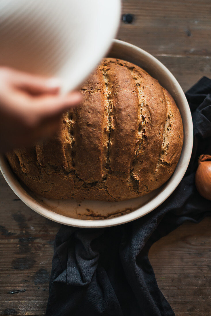 Onion bread baked in a pot