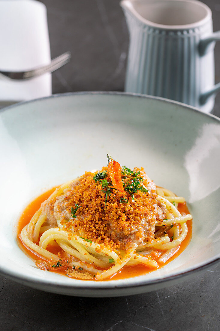 Spaghetti with bottarga sauce (salted dried fish roe)