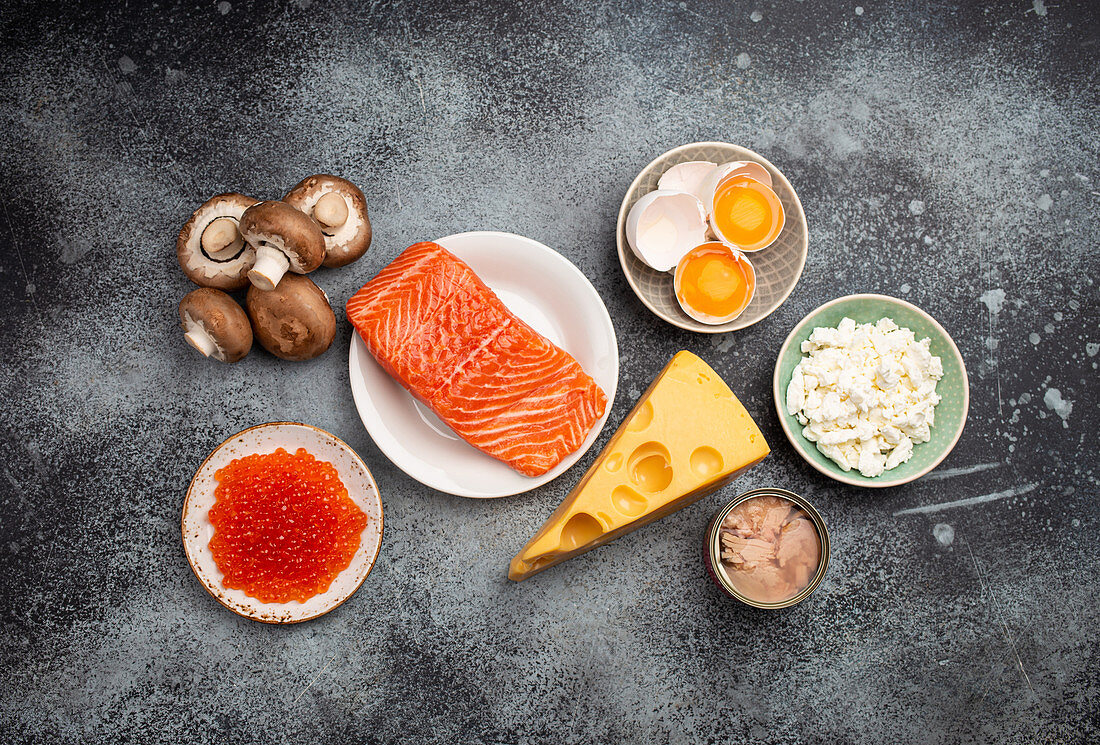 Natural sources of vitamin D (Fish, cheese, eggs, mushrooms)