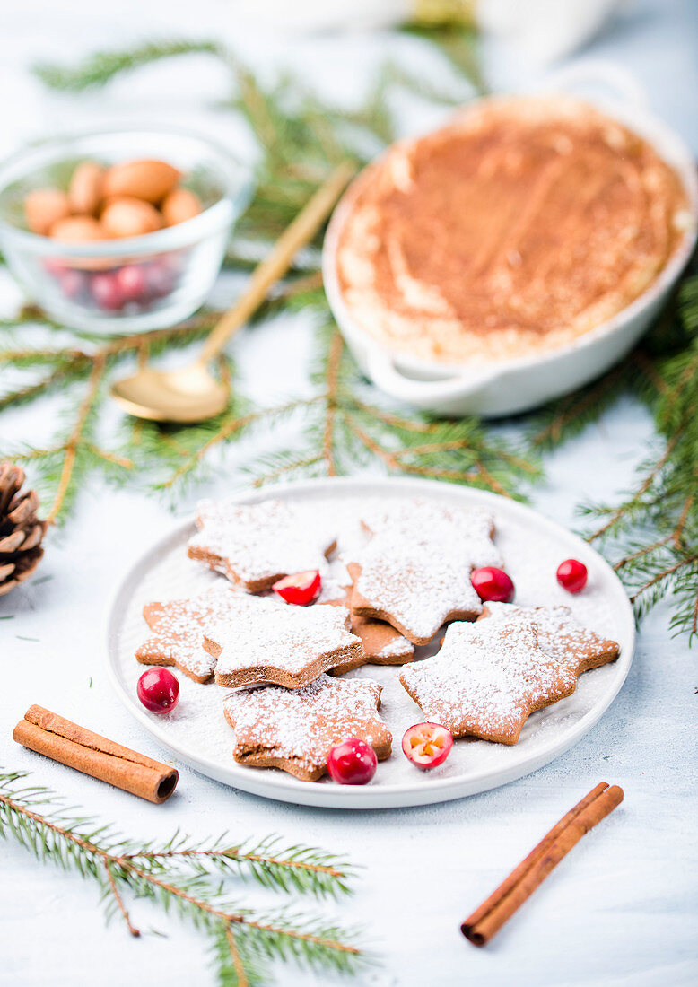 Lebkuchen mit Puderzucker und Cranberries