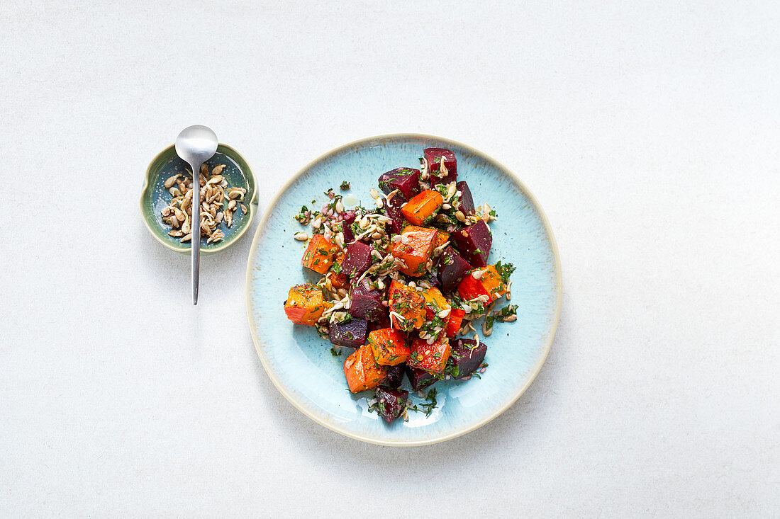 Beetroot and pumpkin salad with sunflower seeds