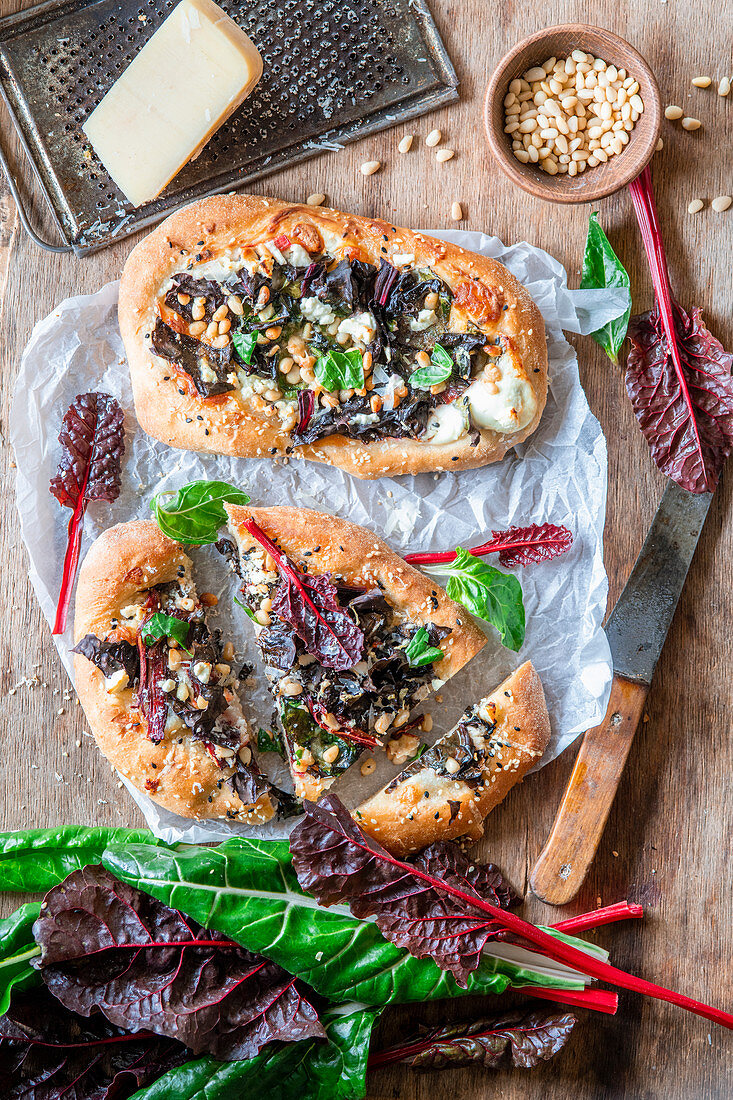 Swiss chard flatbreads with pine nuts
