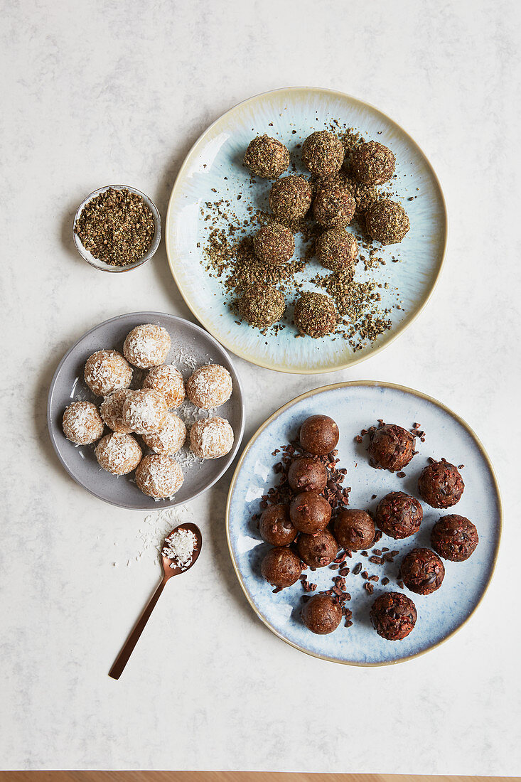Energy bites, cardamom and chocolate bites, and cashew and coconut bites