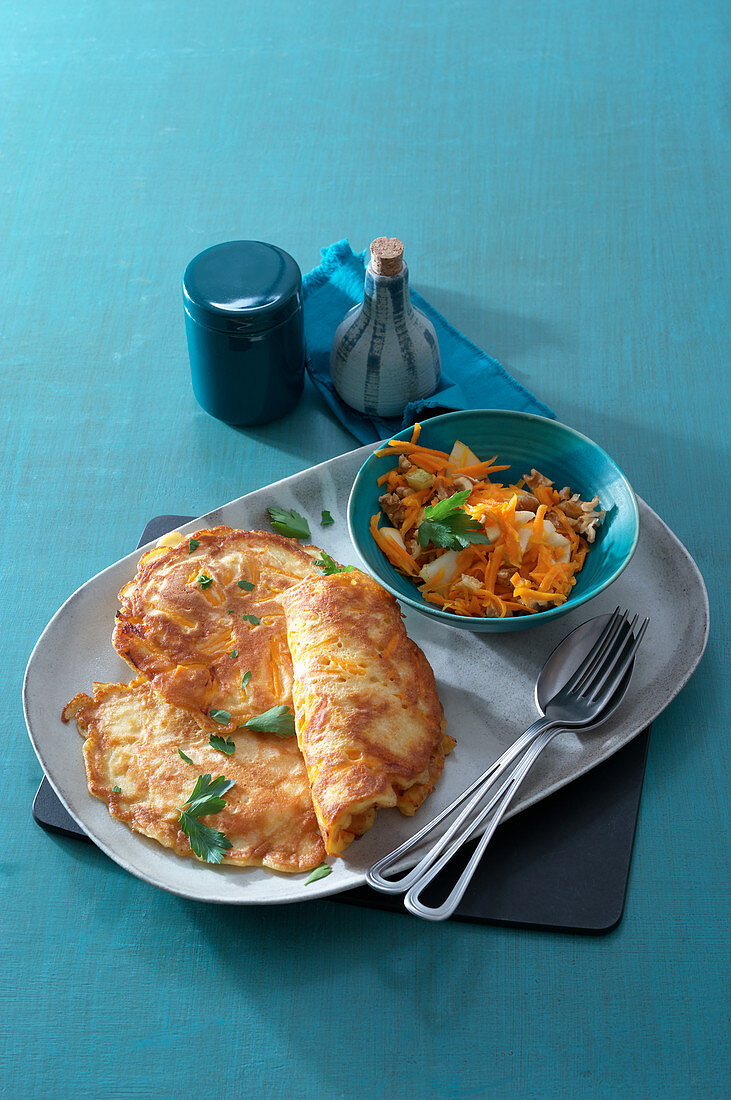 Pumpkin pancakes with pumpkin-pear salad