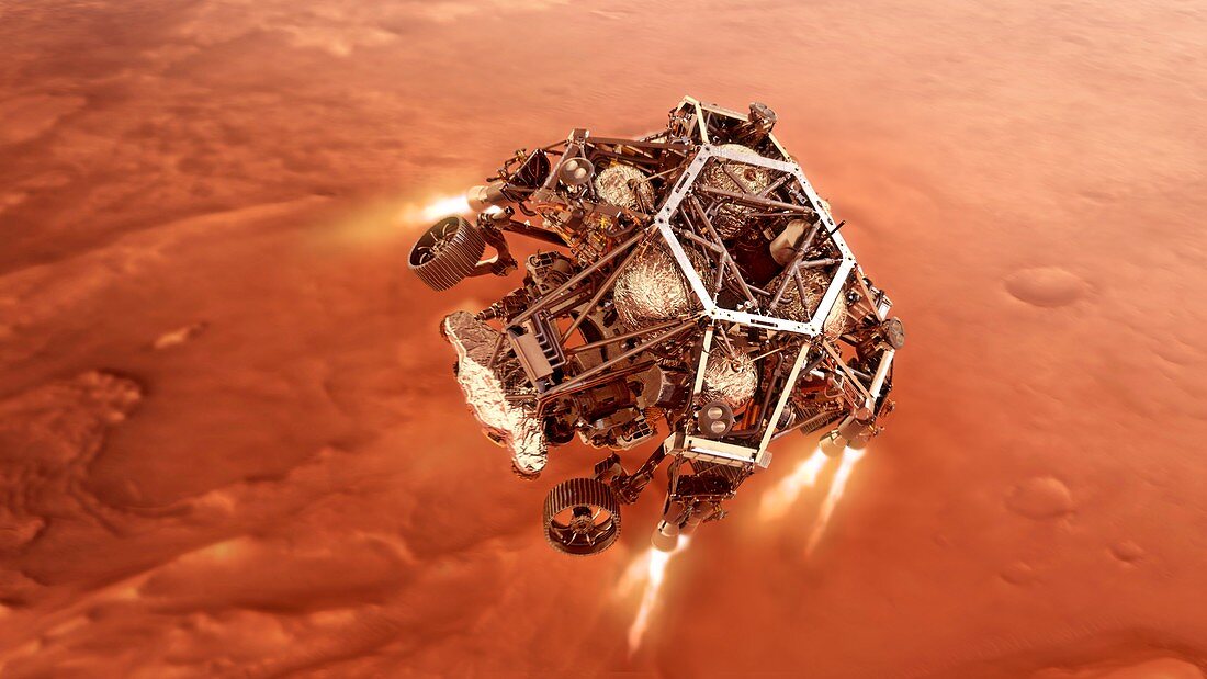 Perseverance rover descending to Mars, illustration