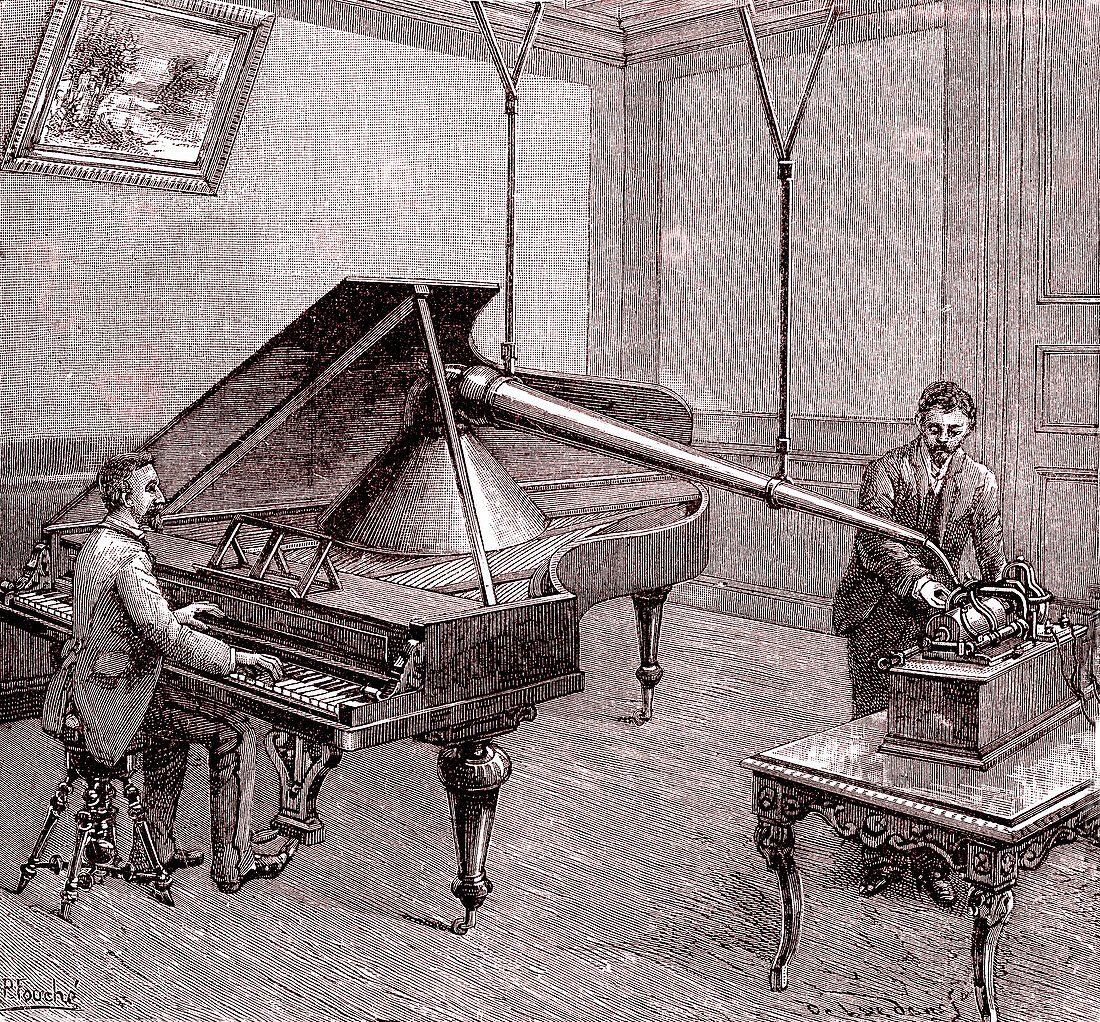 Recording with a phonograph, 19th Century illustration