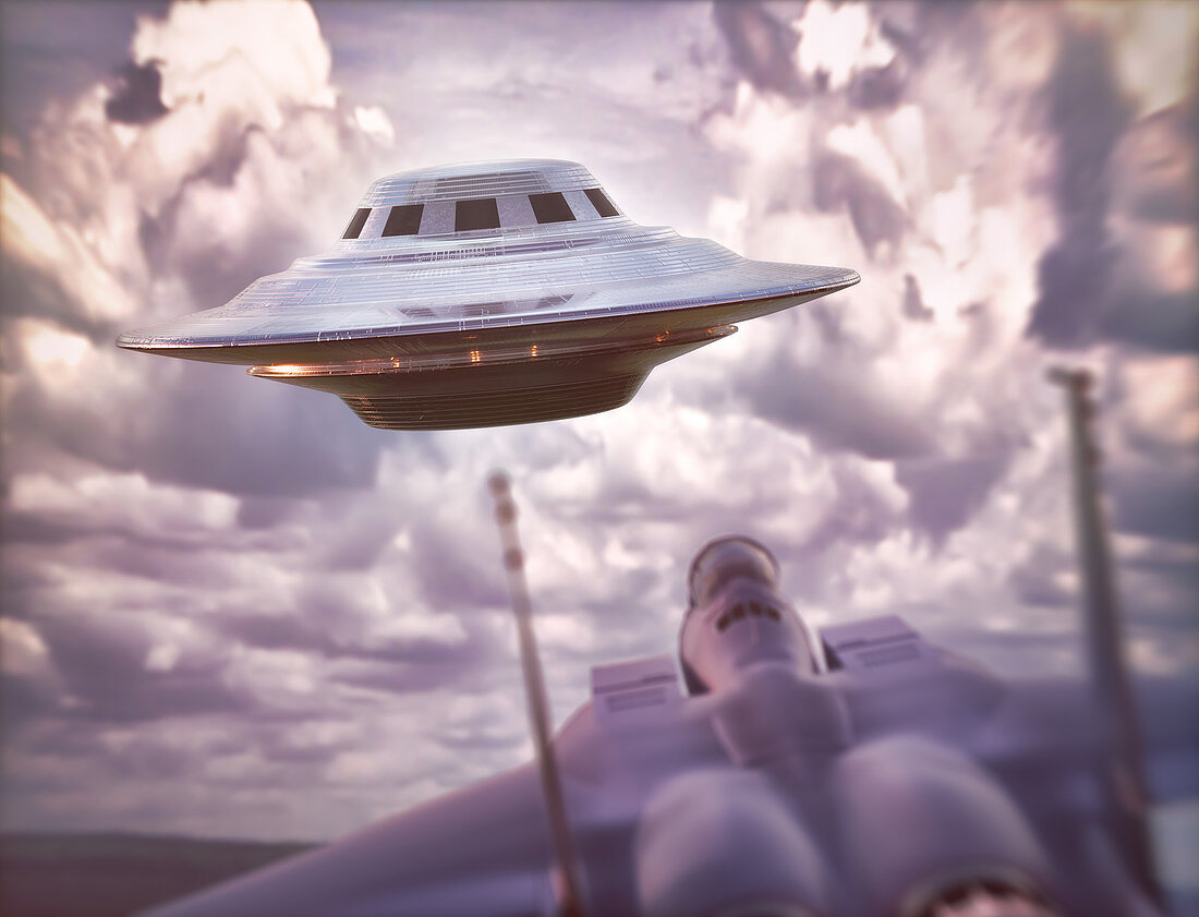 Fighter jet intercepting UFO, illustration
