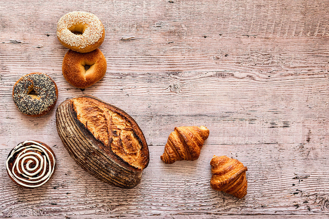 Sourdough, bagels, croissants and sticky bun from farmers market