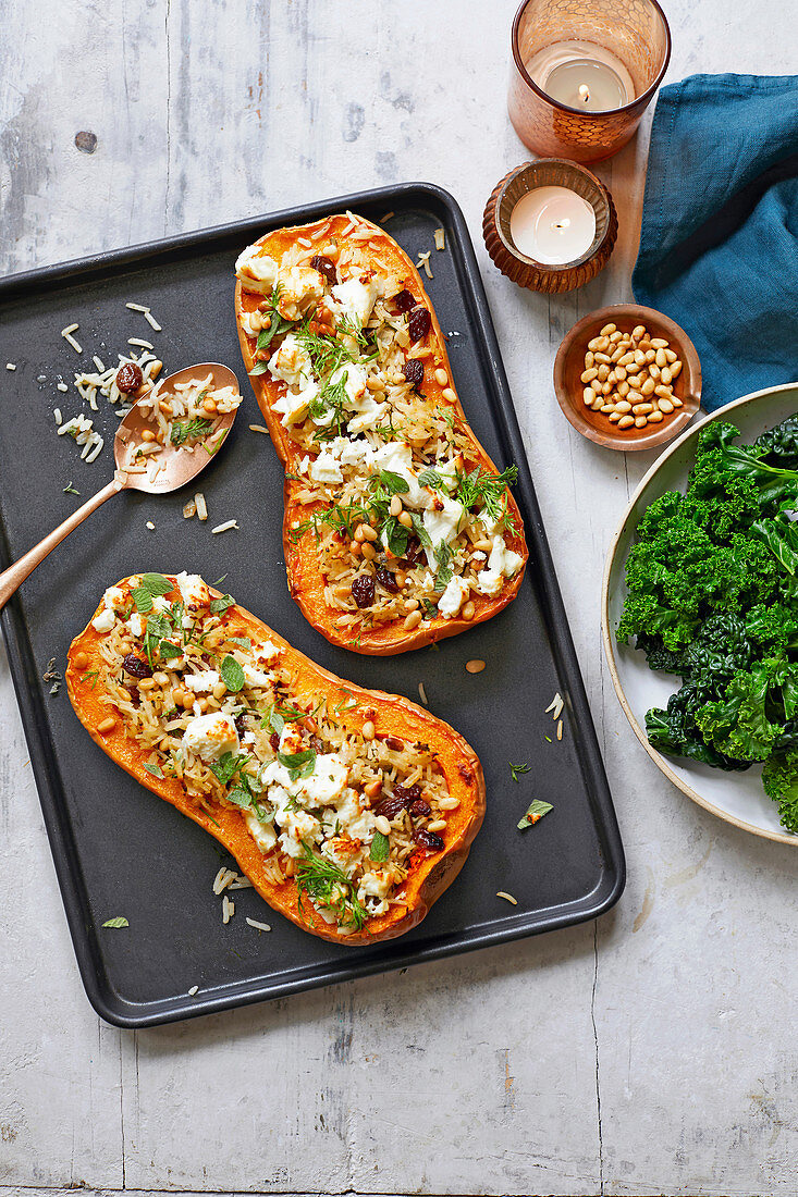 Feta-stuffed squash with lemon and oregano rice