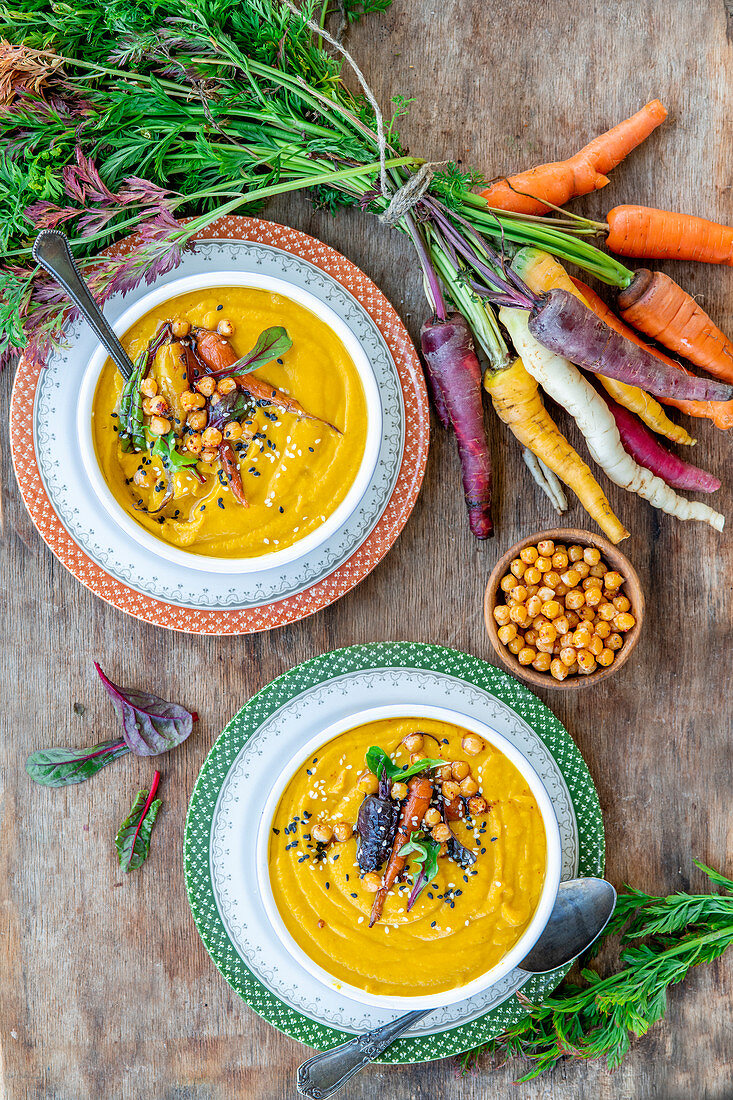 Carrot soup with spicy chickpeas
