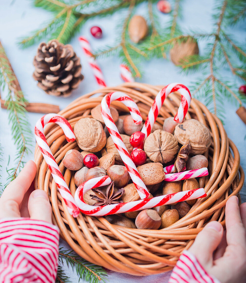 Candycanes and Christmas wreath with nuts