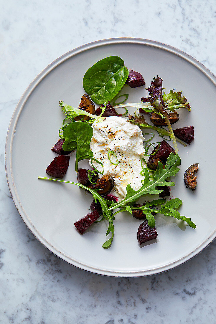 Roasted beetroots with burrata and pickled walnuts