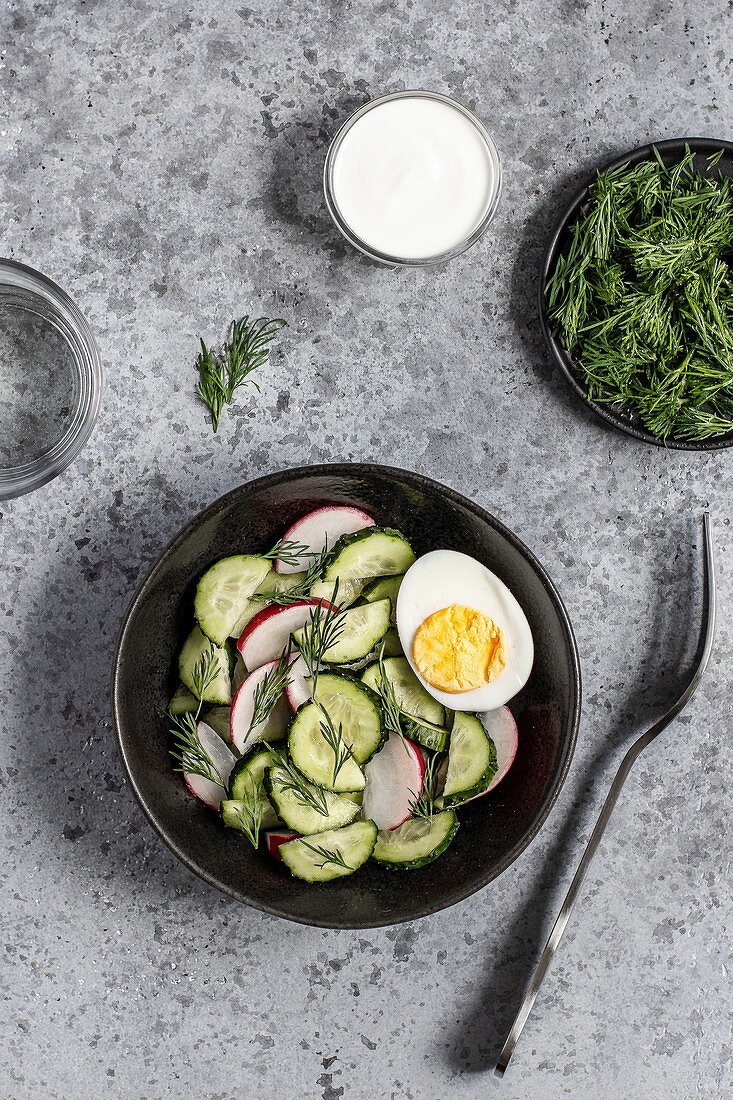 Cucumber salad with radishes and boiled egg