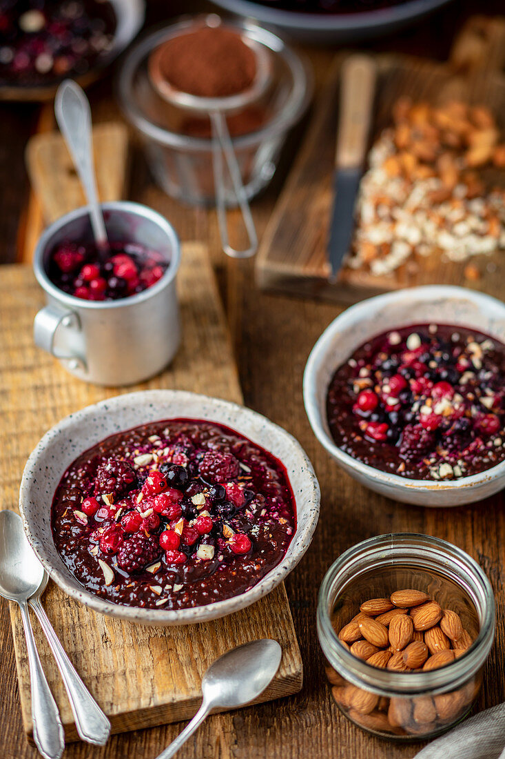 Millet and chocolate pudding with berries